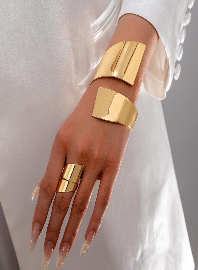 Decixde Bangle Ring Set Chunky Gold Bangle Bracelet And Ring Statement Jewelry Set for Women (Gold-A) - Image 2